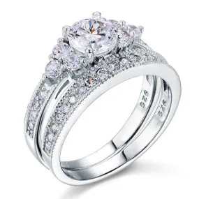 Vintage Style 1 Carat Simulated Diamond Sterling 925 Silver 2-Pc Wedding Engagement Ring Set