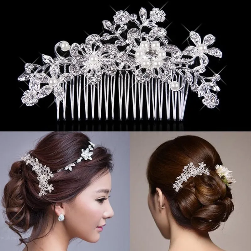 Wedding Headdress Floral Elegant Hair Pearl Hairpin Hair Accessories for Bride Crystal Crown