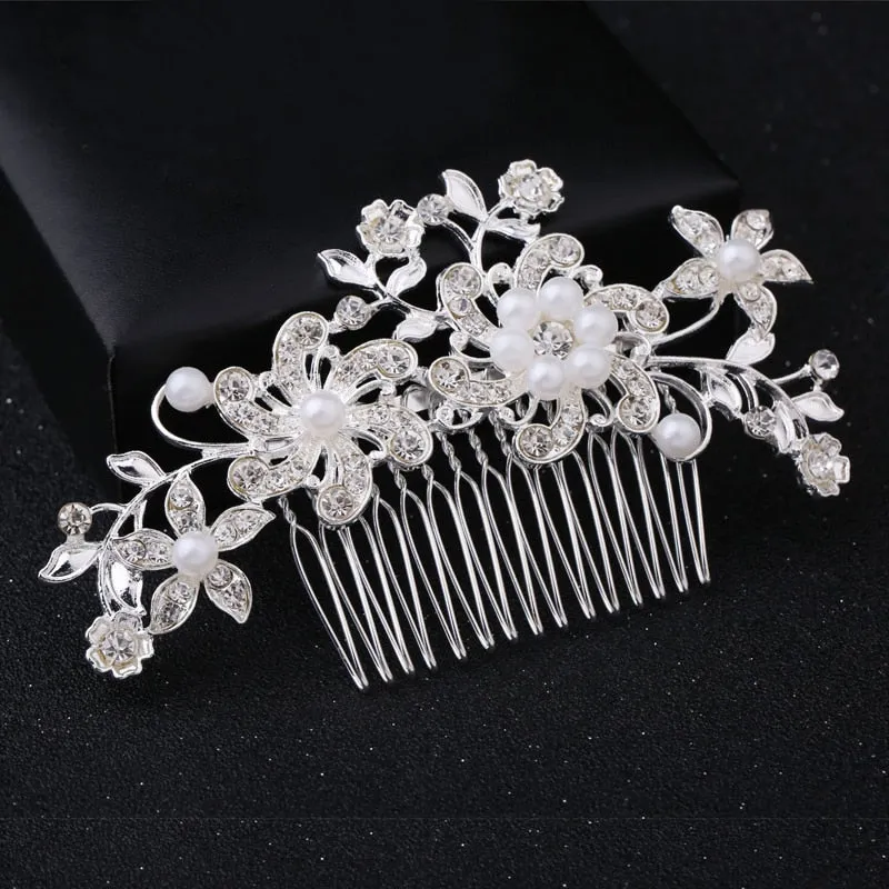 Wedding Headdress Floral Elegant Hair Pearl Hairpin Hair Accessories for Bride Crystal Crown