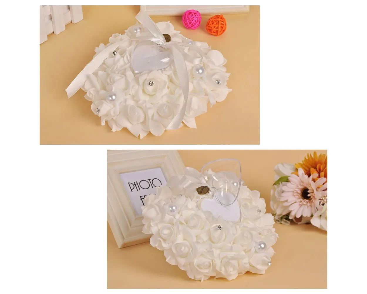 Wedding Ring Pillow for Ceremony Ring Bearer Cushion - White