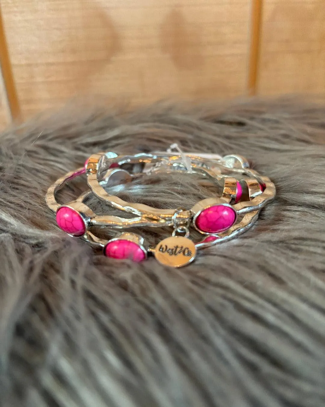 West & Co. Set of 3 Burnished Silver Bangles with Pink Ovals BR251BSPNK