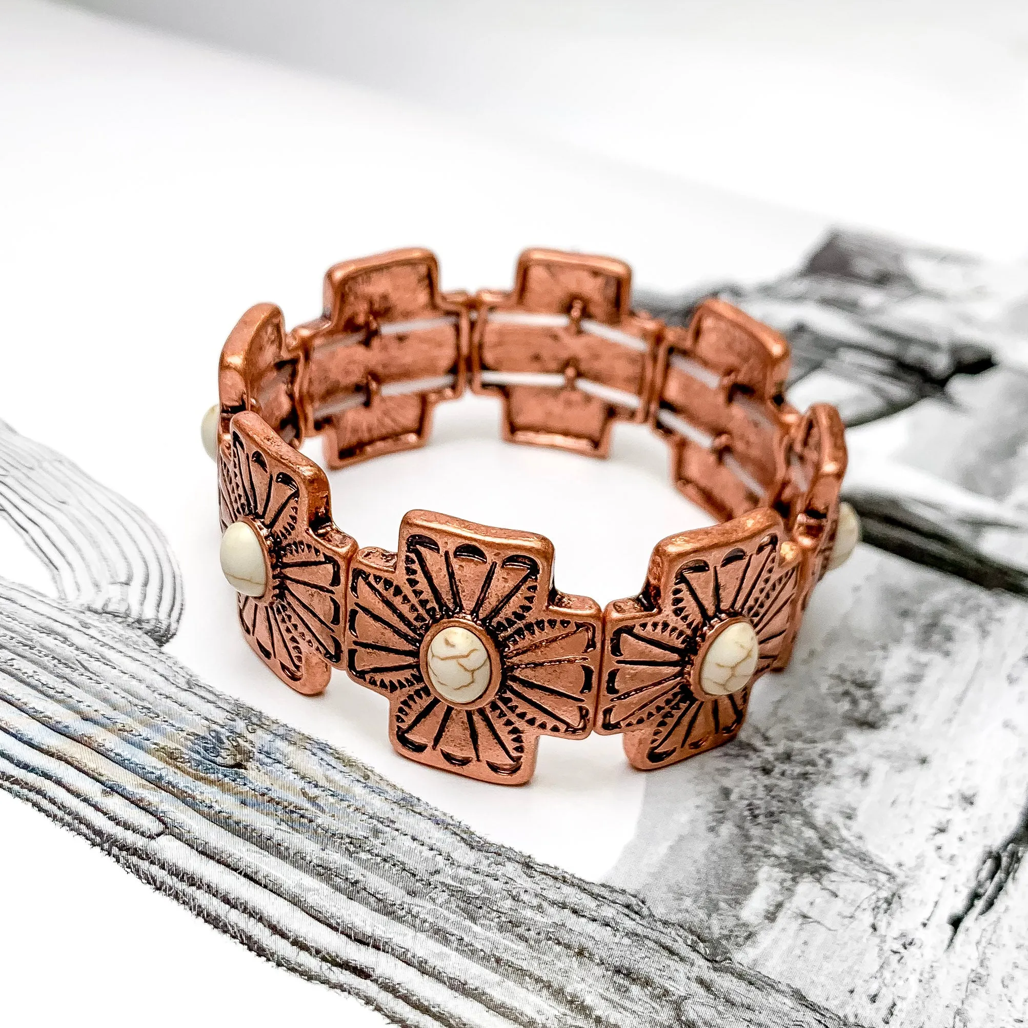 Western Cross Bracelet with Ivory Center Stones in Copper Tone