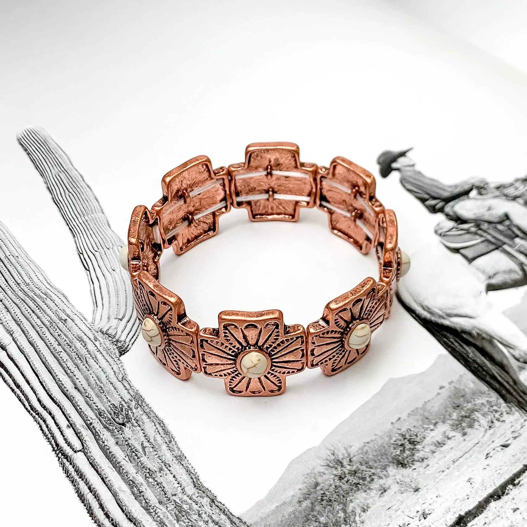 Western Cross Bracelet with Ivory Center Stones in Copper Tone
