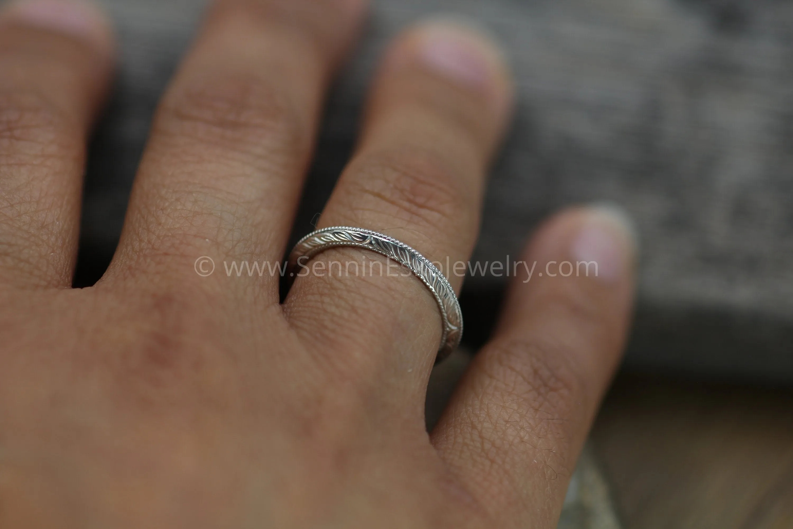 Wheat Engraved Ring Knife-Edge Milgrain Band