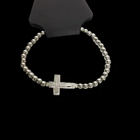 White Gold Tone Beaded Bracelet Stretch Cross Silver Tone