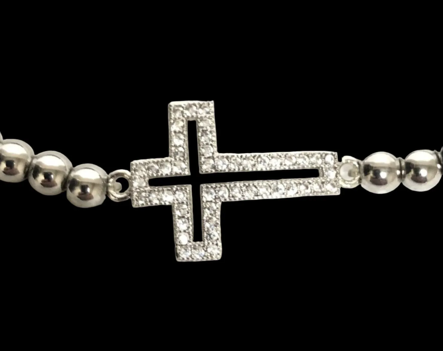 White Gold Tone Beaded Bracelet Stretch Cross Silver Tone