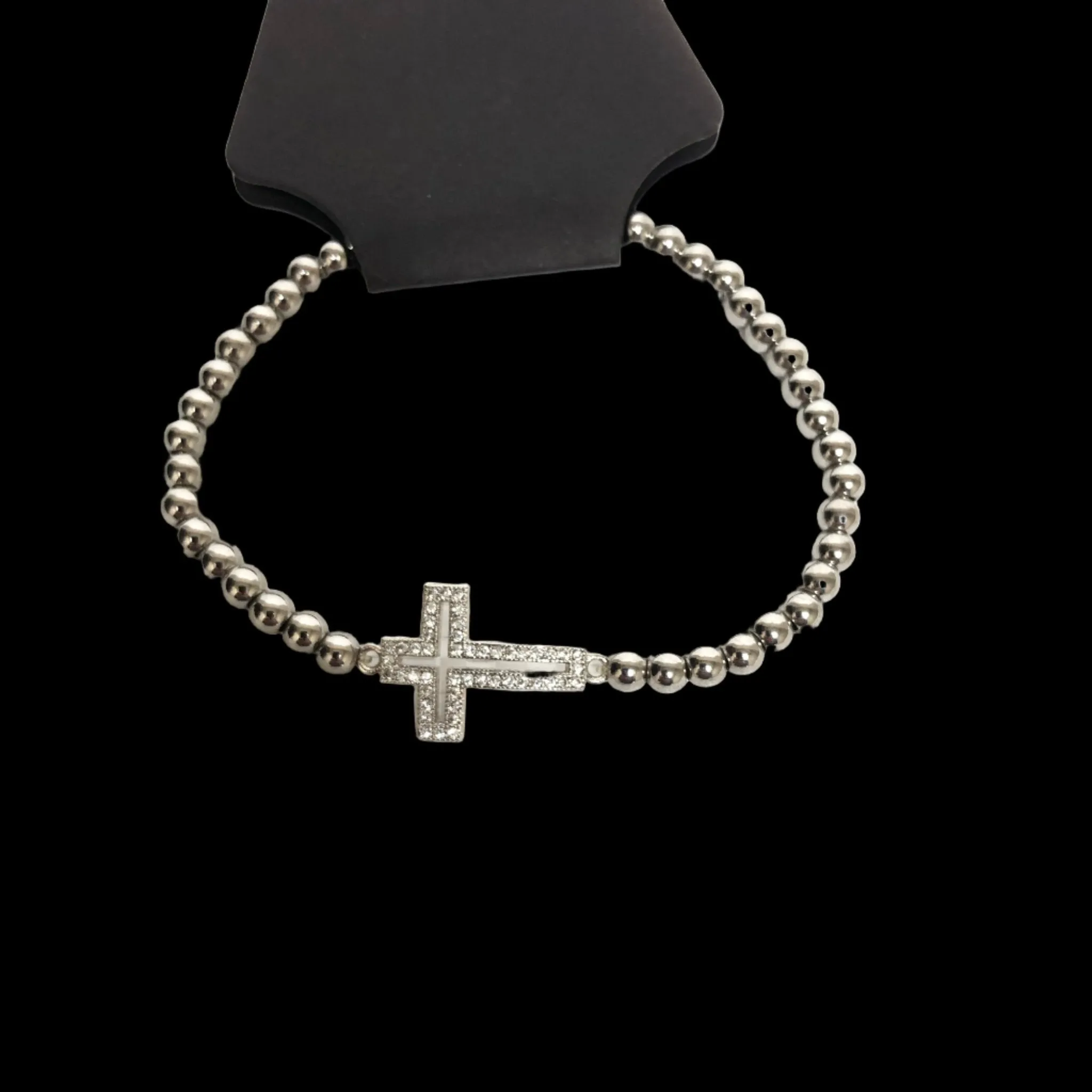 White Gold Tone Beaded Bracelet Stretch Cross Silver Tone