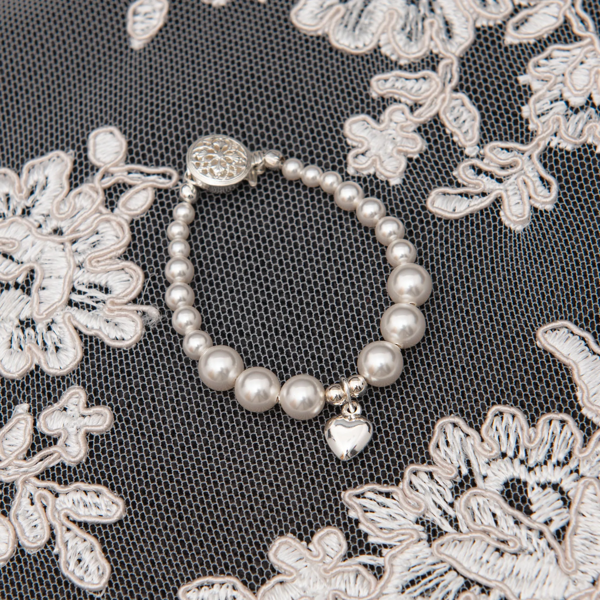 White Luster Pearl Bracelet with Silver Heart Charm