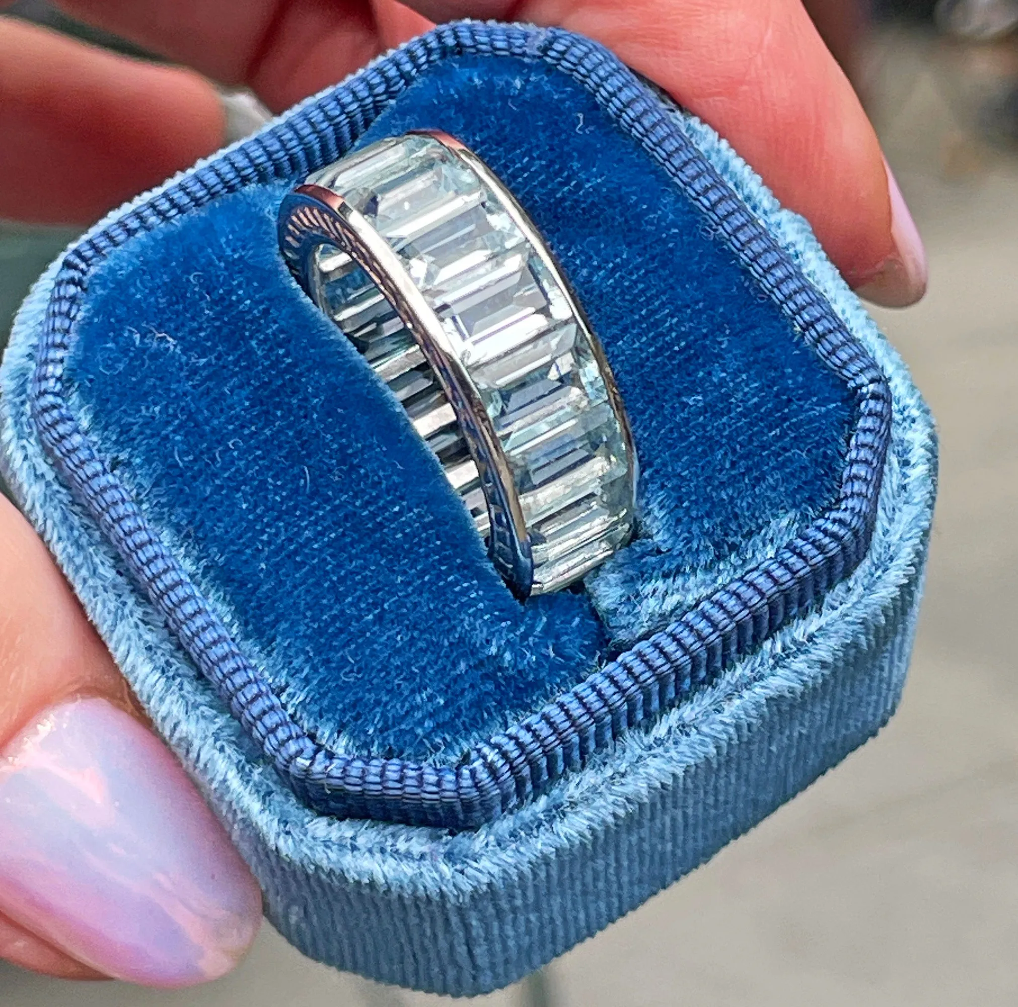 Wide Estate Eternity Aquamarine Wedding Anniversary 14K White Gold Channel Set Band Ring, size 7
