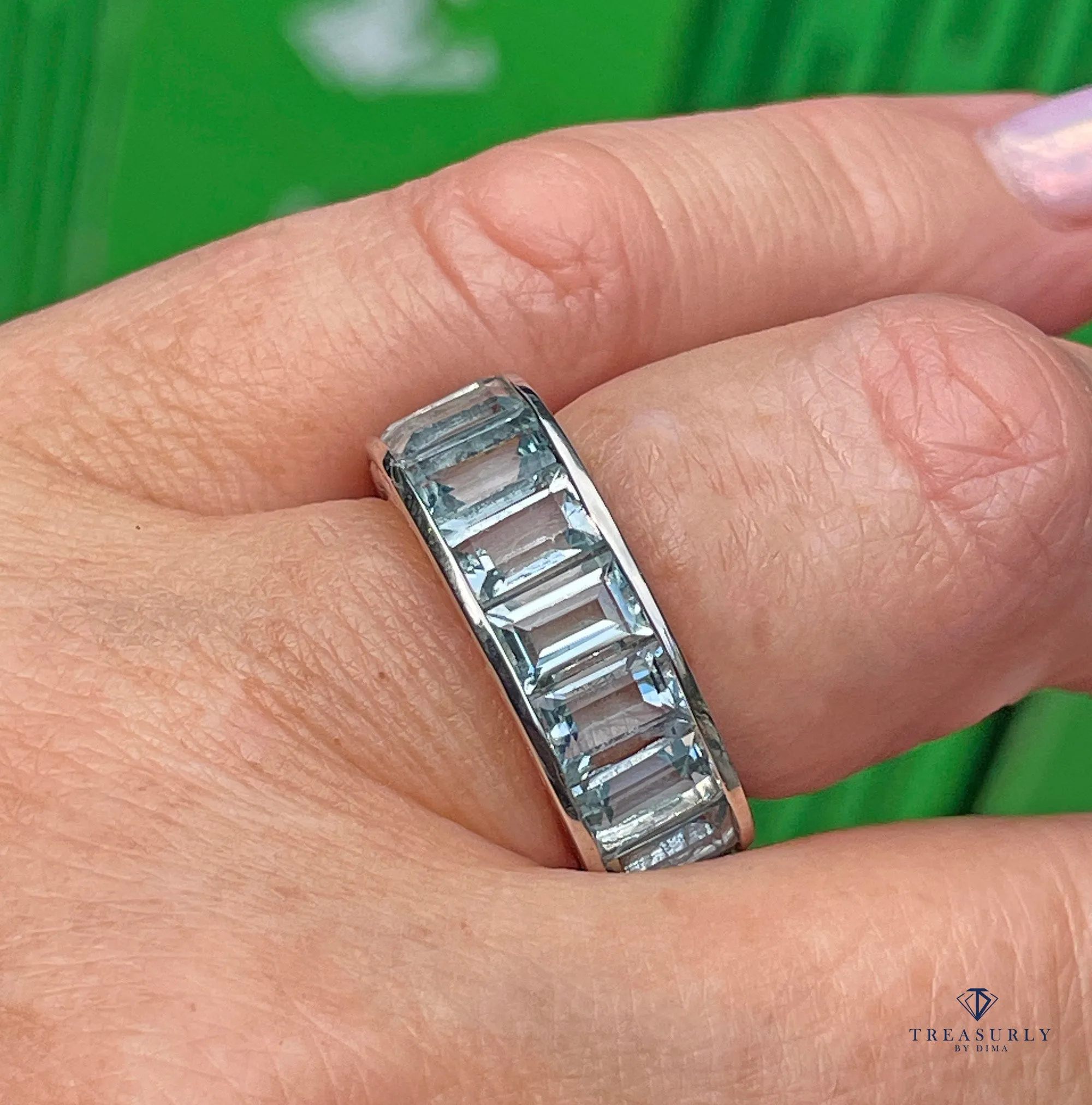 Wide Estate Eternity Aquamarine Wedding Anniversary 14K White Gold Channel Set Band Ring, size 7