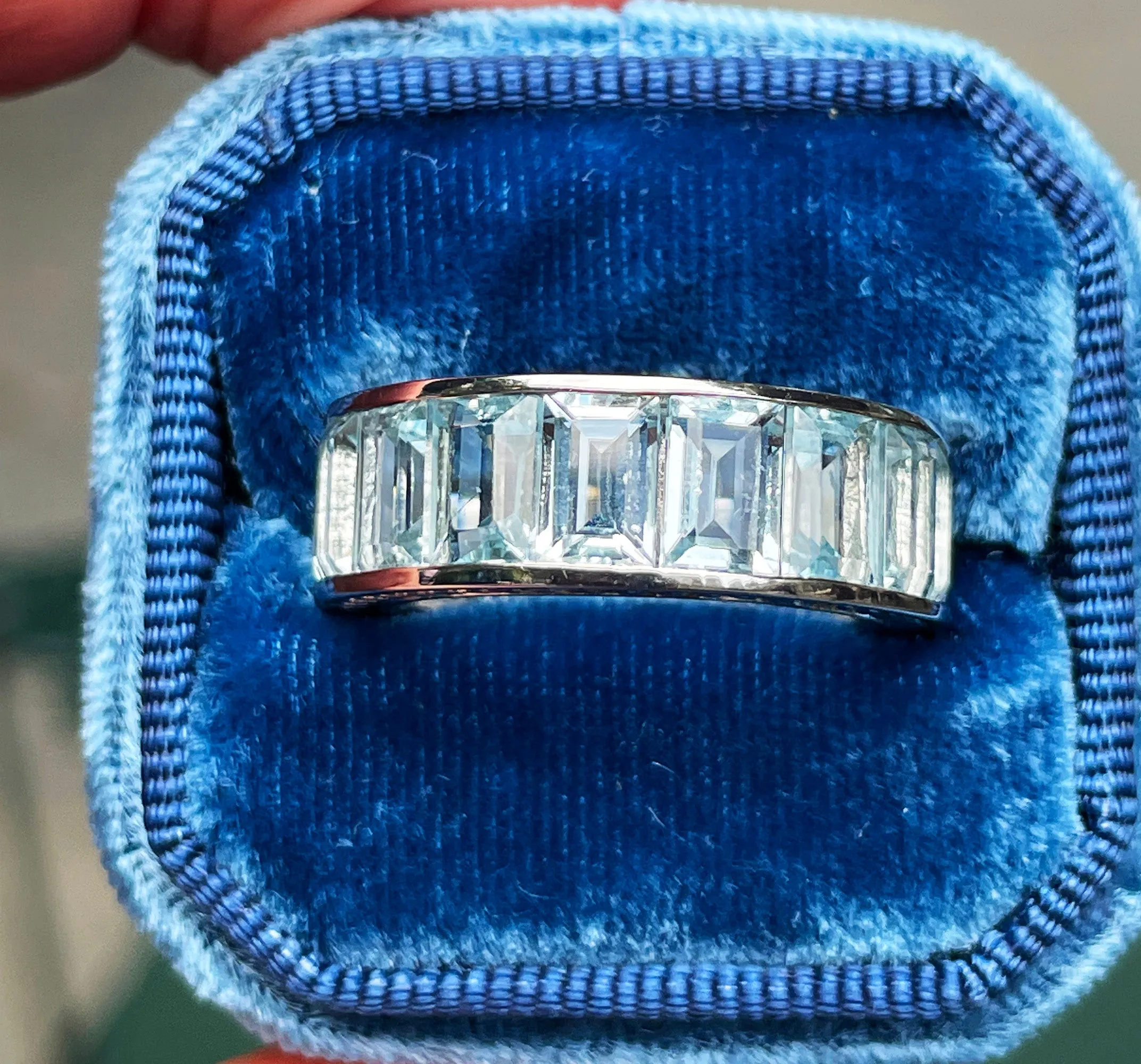 Wide Estate Eternity Aquamarine Wedding Anniversary 14K White Gold Channel Set Band Ring, size 7