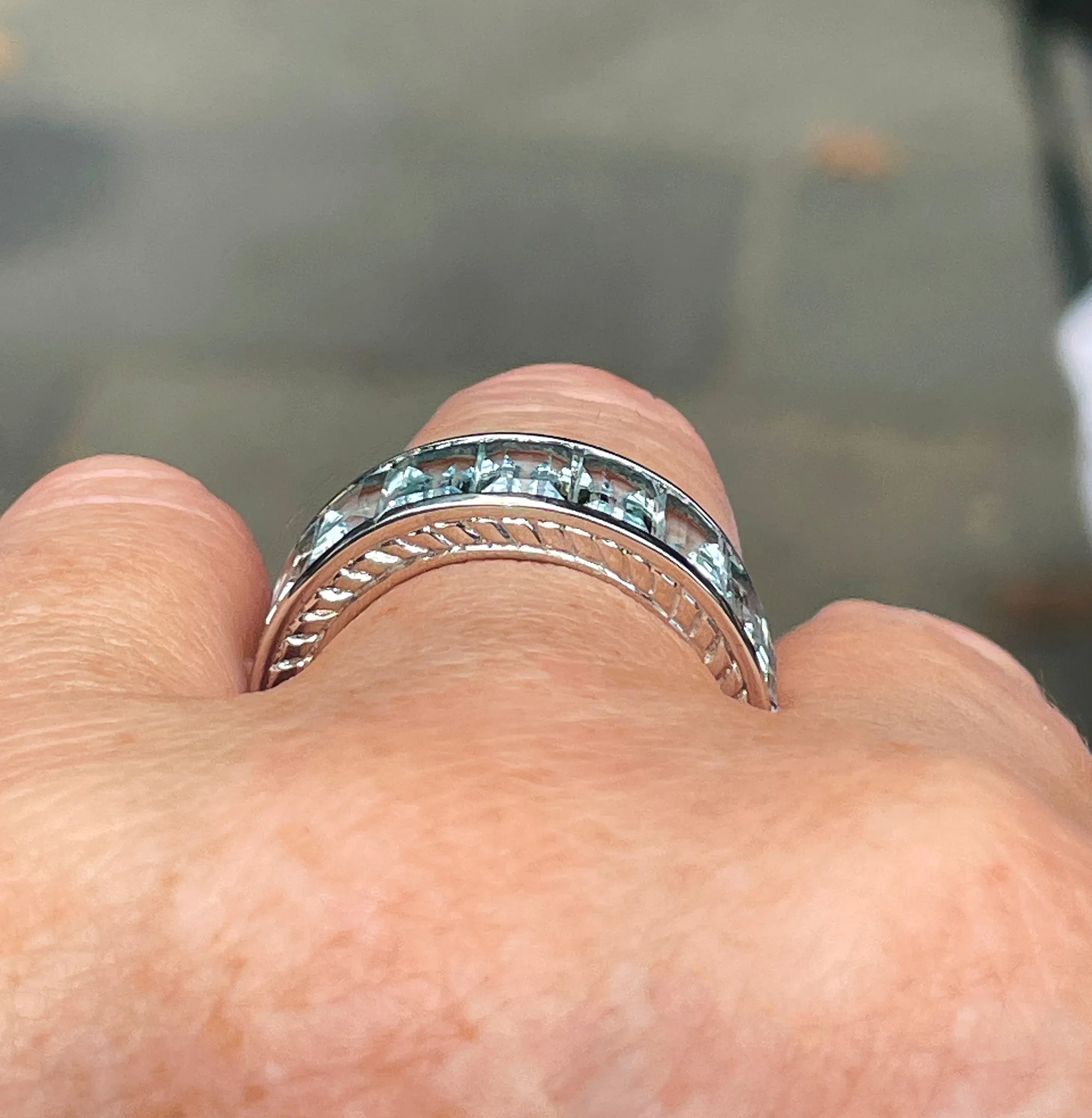 Wide Estate Eternity Aquamarine Wedding Anniversary 14K White Gold Channel Set Band Ring, size 7