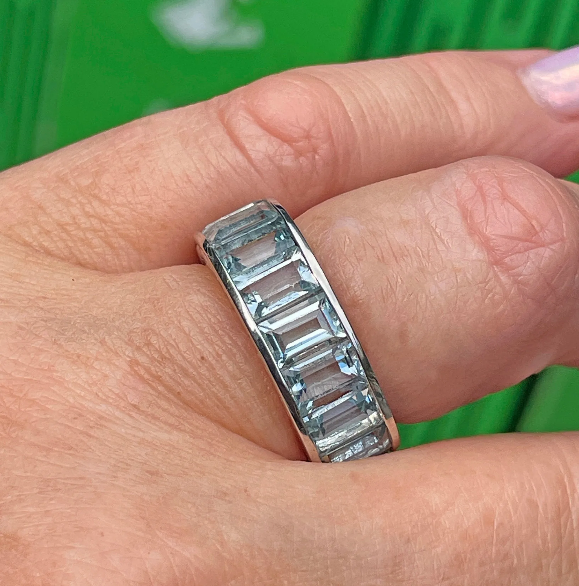 Wide Estate Eternity Aquamarine Wedding Anniversary 14K White Gold Channel Set Band Ring, size 7