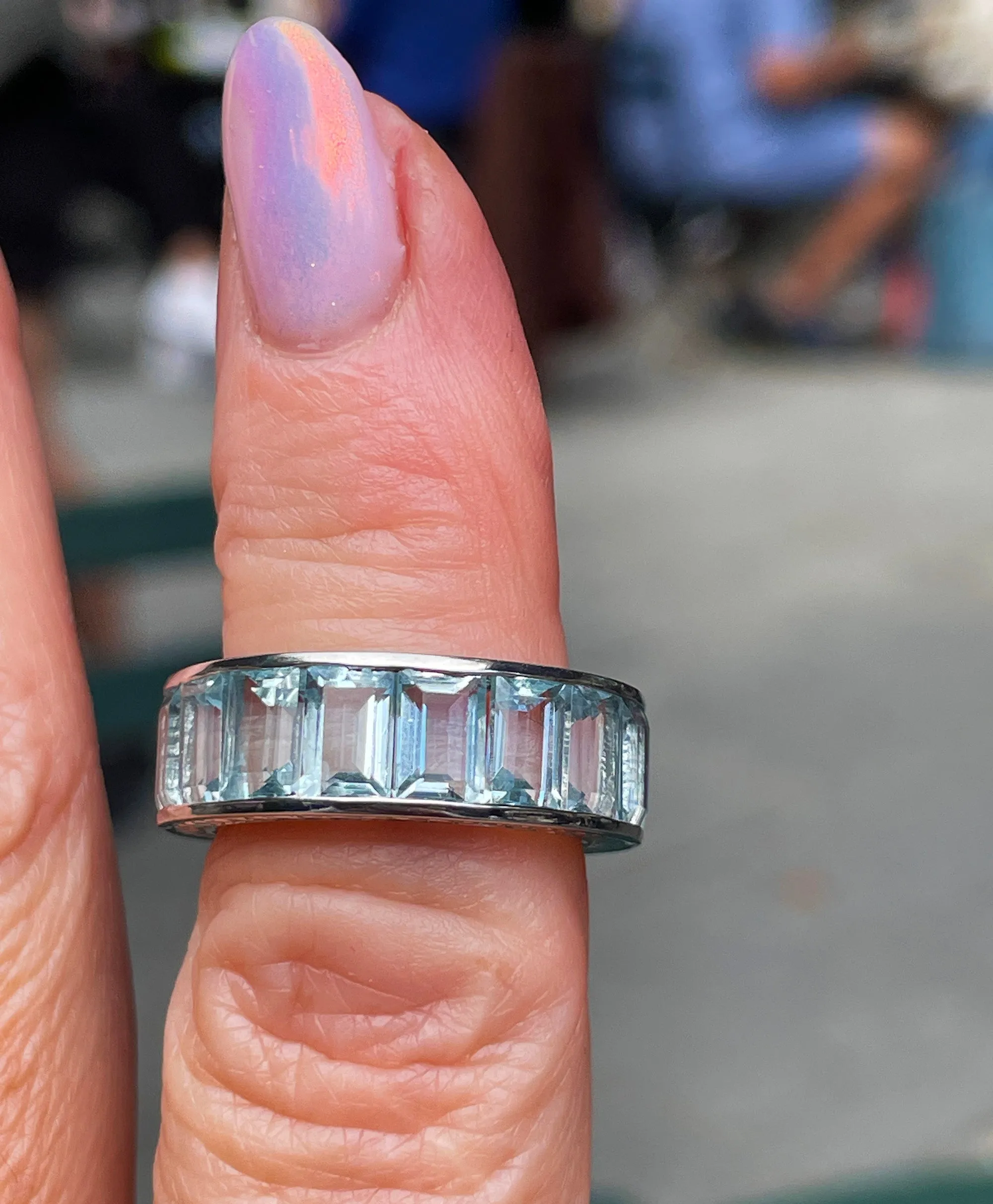 Wide Estate Eternity Aquamarine Wedding Anniversary 14K White Gold Channel Set Band Ring, size 7