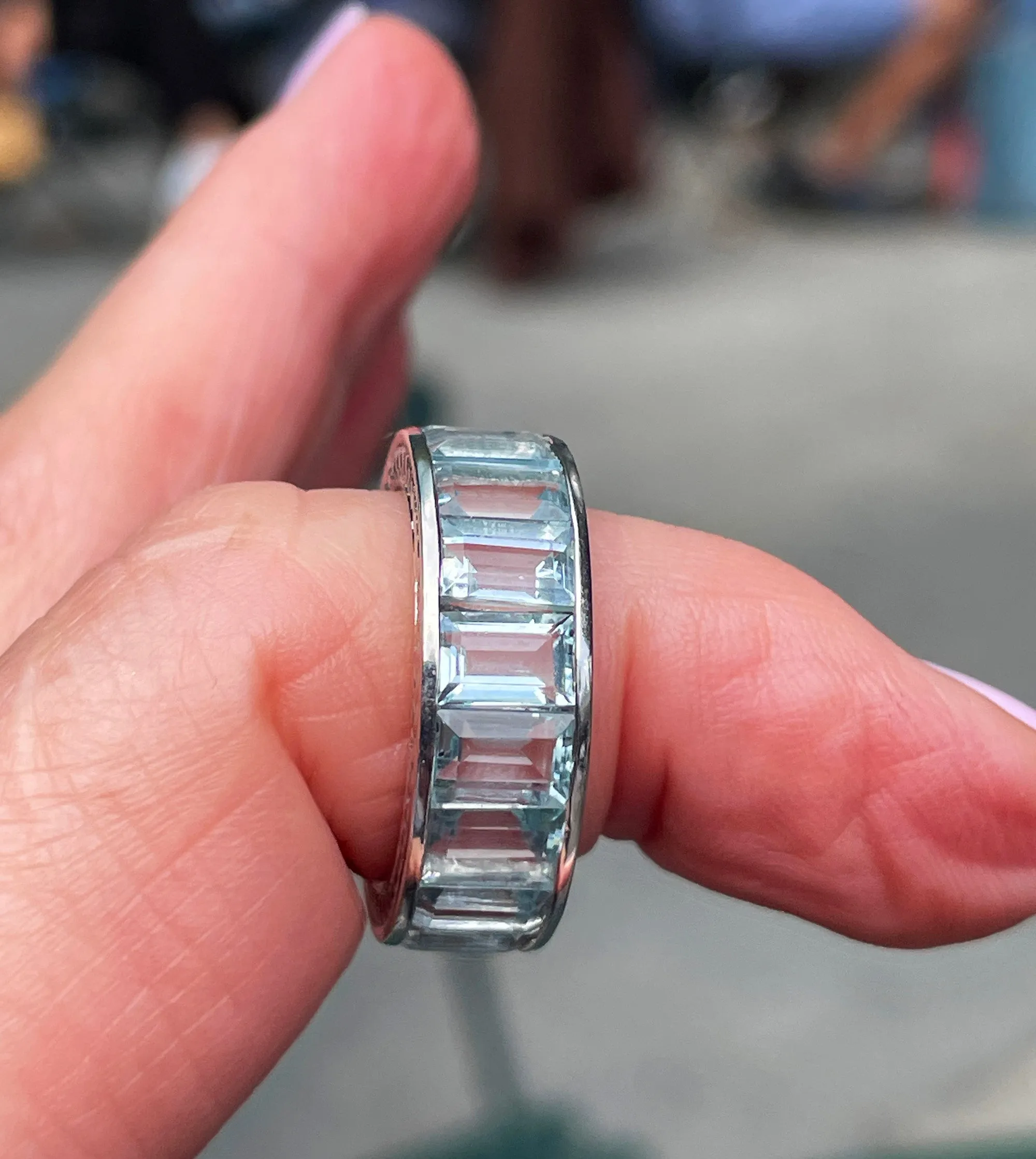 Wide Estate Eternity Aquamarine Wedding Anniversary 14K White Gold Channel Set Band Ring, size 7