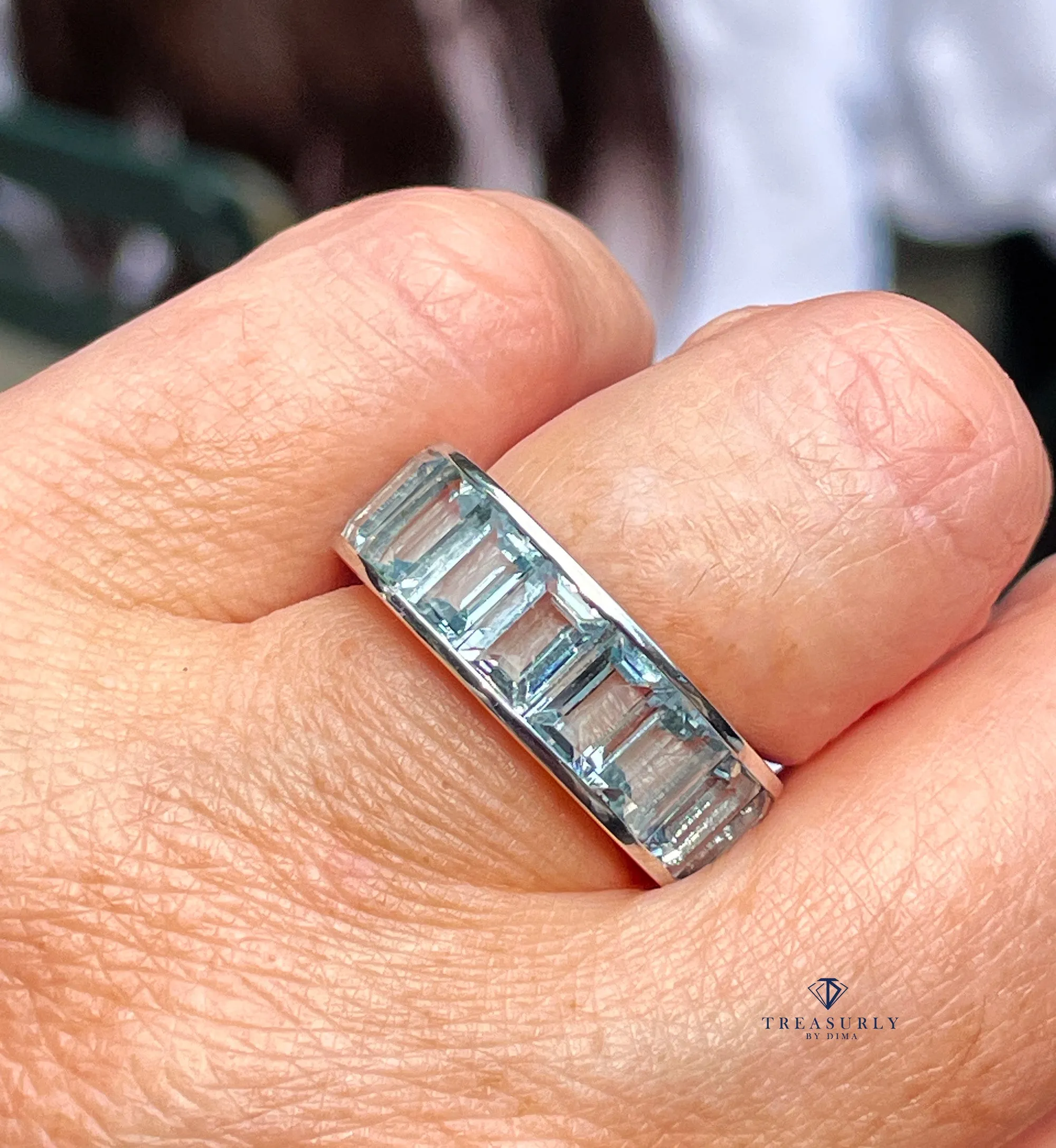 Wide Estate Eternity Aquamarine Wedding Anniversary 14K White Gold Channel Set Band Ring, size 7