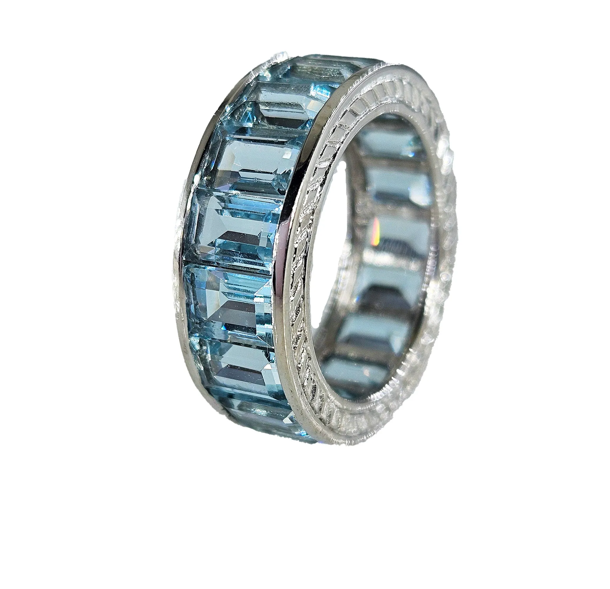 Wide Estate Eternity Aquamarine Wedding Anniversary 14K White Gold Channel Set Band Ring, size 7