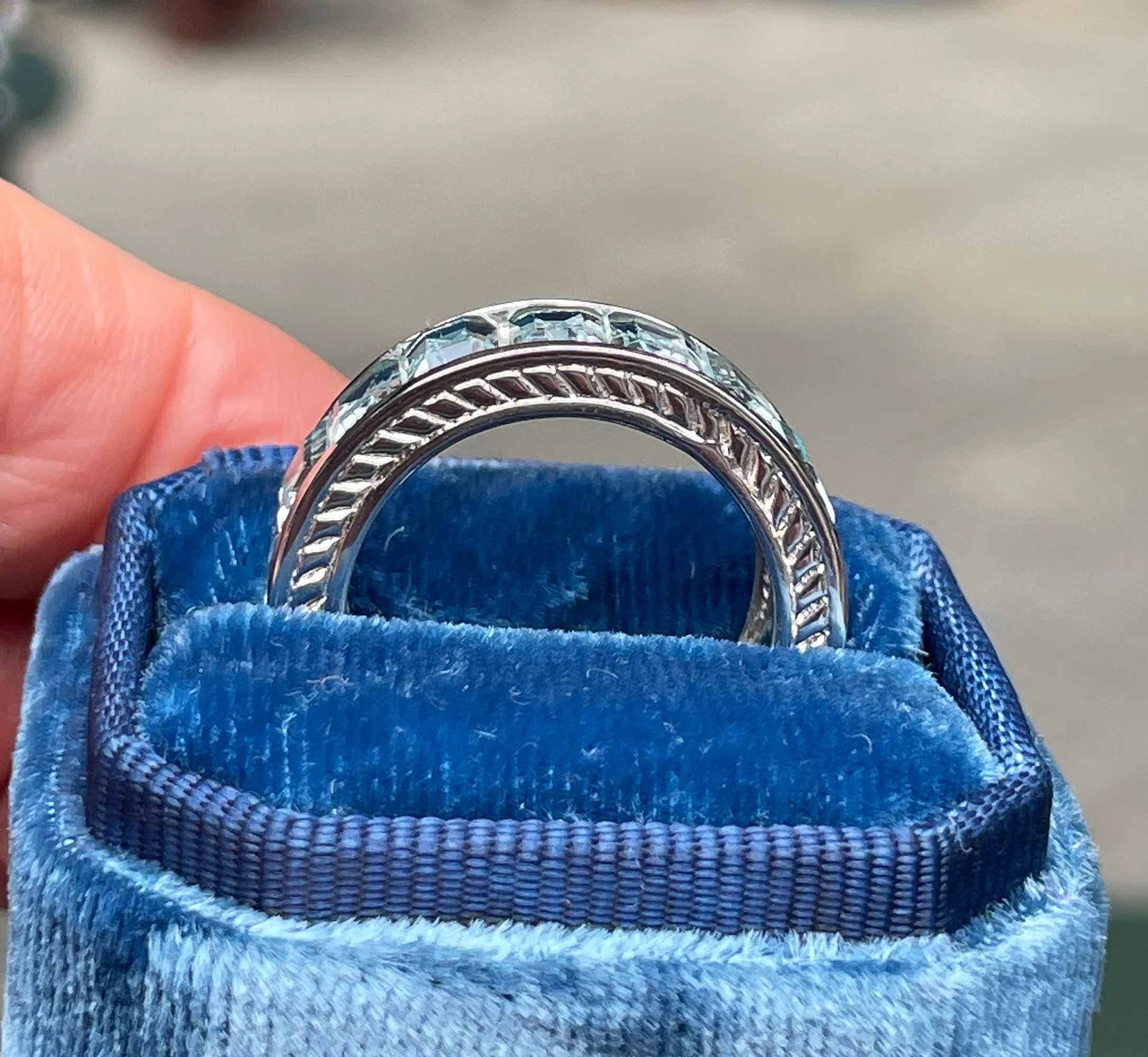 Wide Estate Eternity Aquamarine Wedding Anniversary 14K White Gold Channel Set Band Ring, size 7