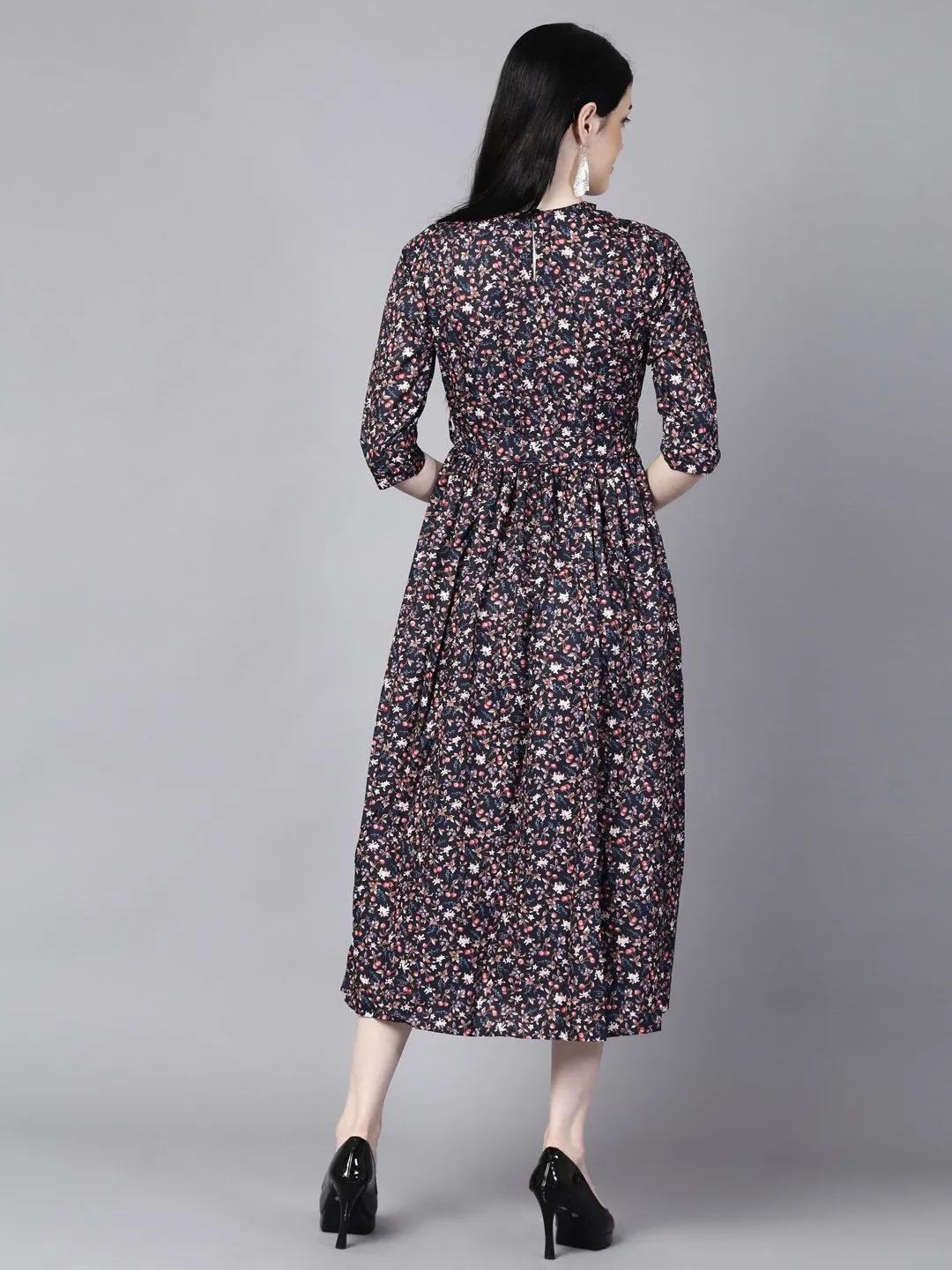 Women Navy Blue Floral Printed Choker Neck A-Line Dress