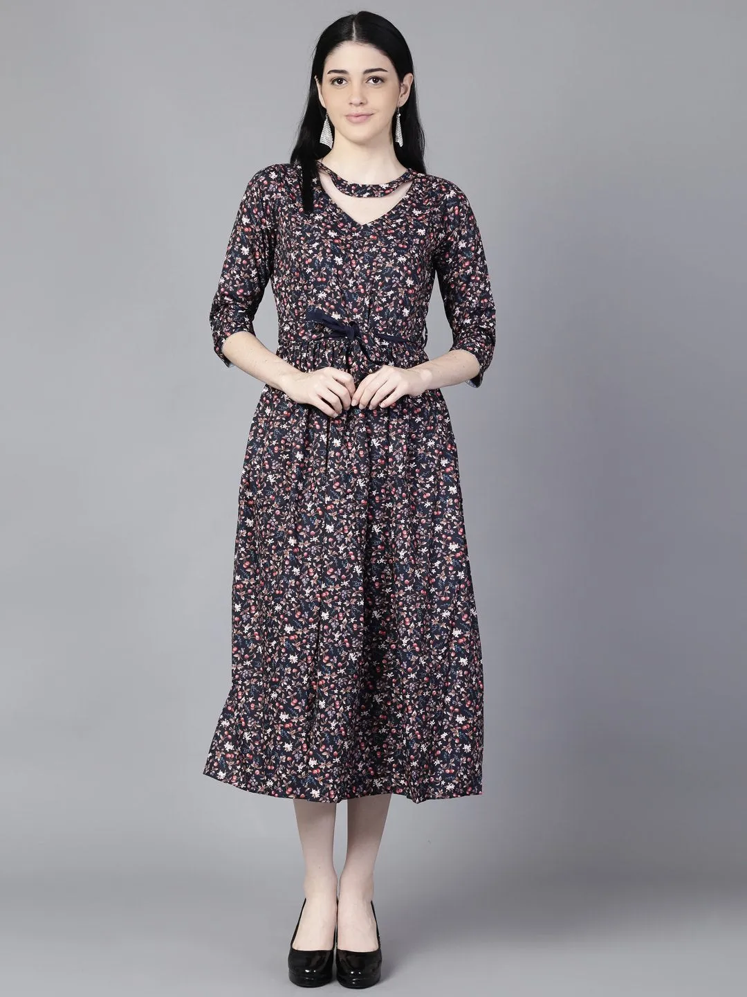 Women Navy Blue Floral Printed Choker Neck A-Line Dress