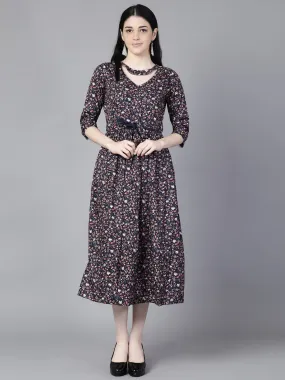 Women Navy Blue Floral Printed Choker Neck A-Line Dress