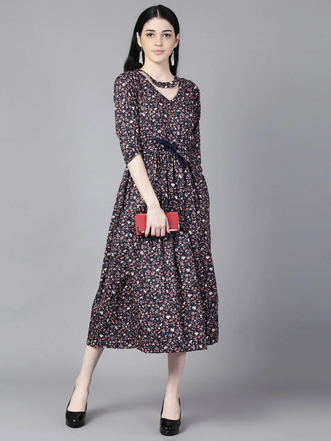 Women Navy Blue Floral Printed Choker Neck A-Line Dress