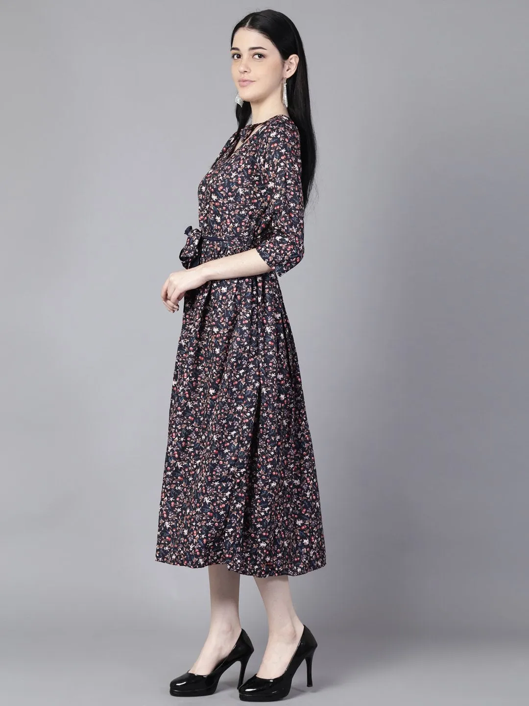 Women Navy Blue Floral Printed Choker Neck A-Line Dress