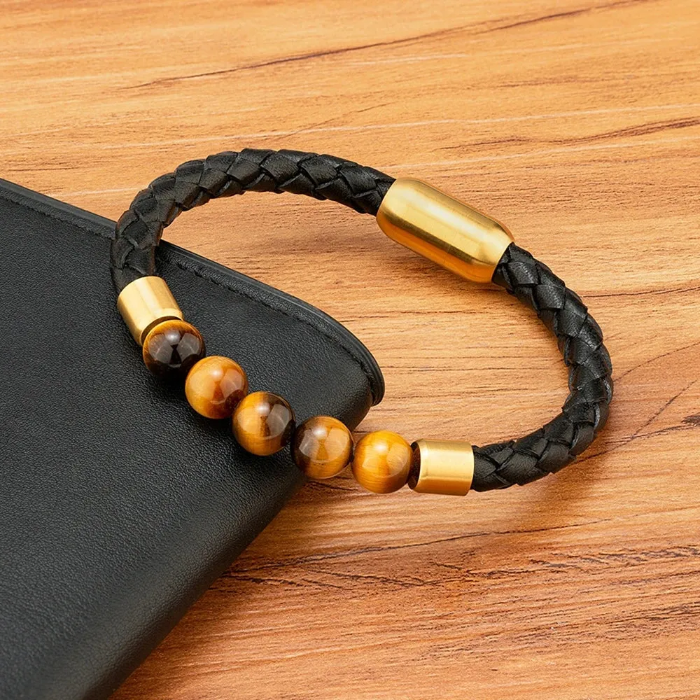 XQNI High Quality Leather Bracelet Men Classic Fashion Tiger Eye Beaded Bracelet Magnet Clasp Design For Men Jewelry Gift