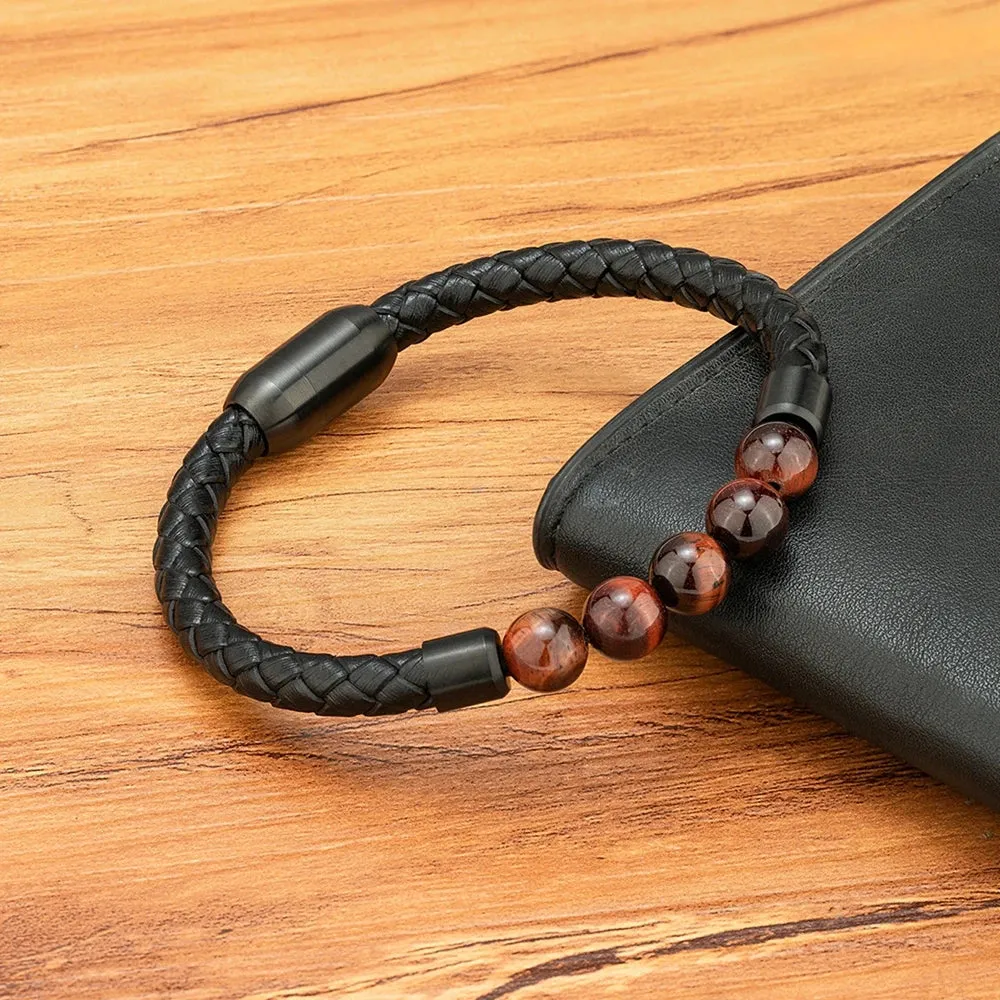 XQNI High Quality Leather Bracelet Men Classic Fashion Tiger Eye Beaded Bracelet Magnet Clasp Design For Men Jewelry Gift