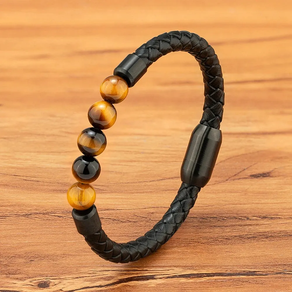 XQNI High Quality Leather Bracelet Men Classic Fashion Tiger Eye Beaded Bracelet Magnet Clasp Design For Men Jewelry Gift