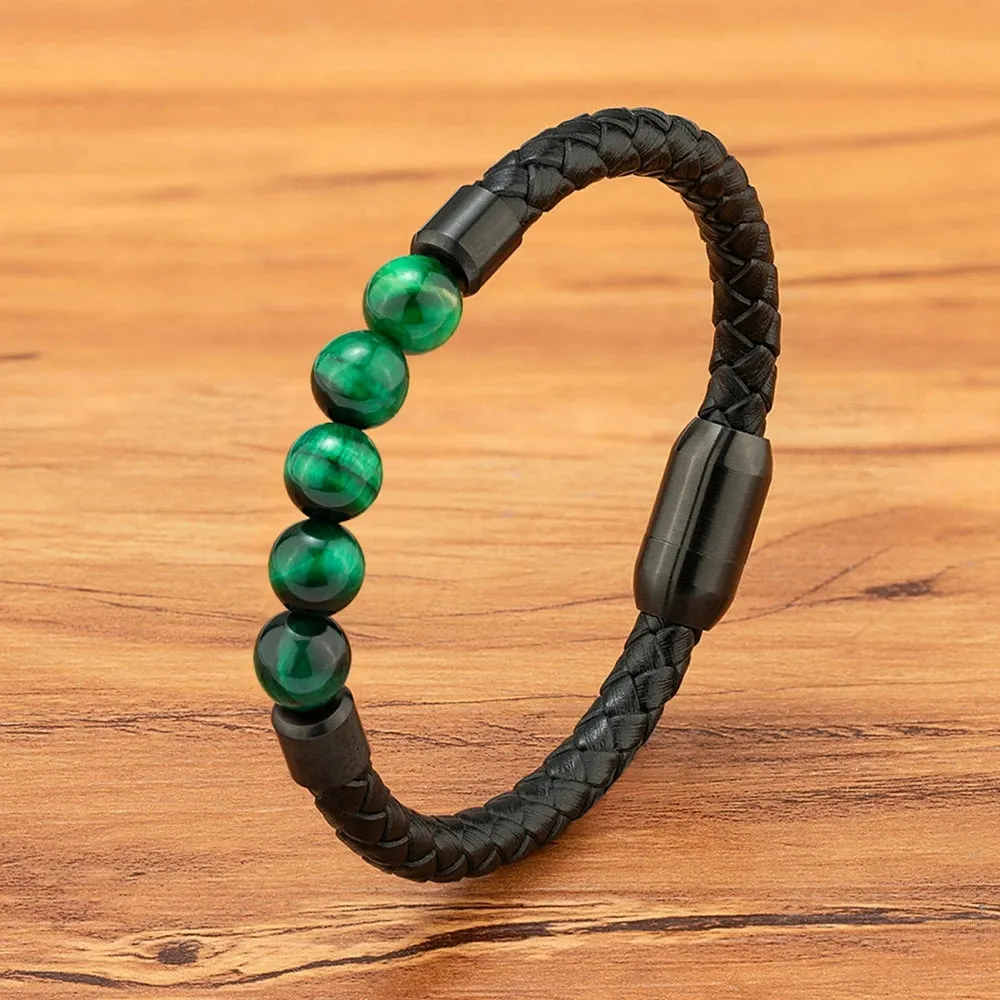 XQNI High Quality Leather Bracelet Men Classic Fashion Tiger Eye Beaded Bracelet Magnet Clasp Design For Men Jewelry Gift
