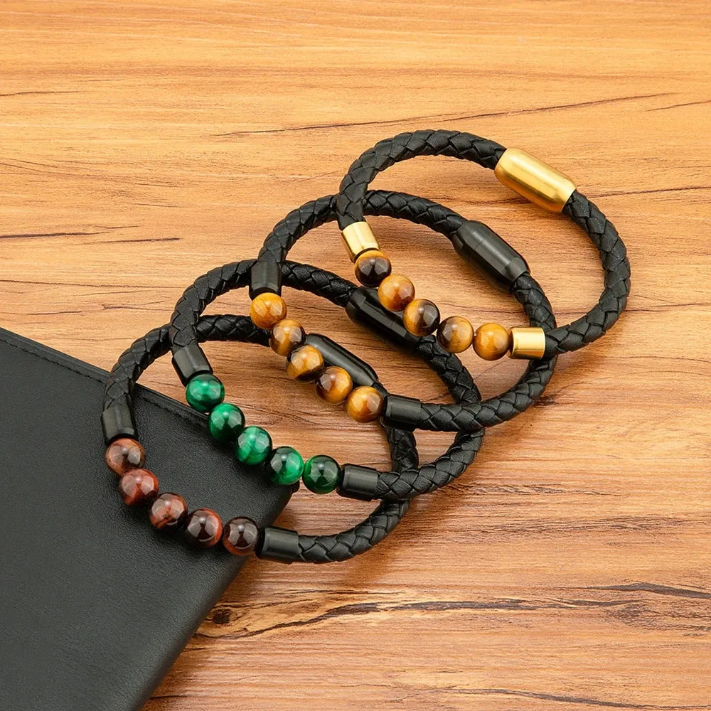 XQNI High Quality Leather Bracelet Men Classic Fashion Tiger Eye Beaded Bracelet Magnet Clasp Design For Men Jewelry Gift