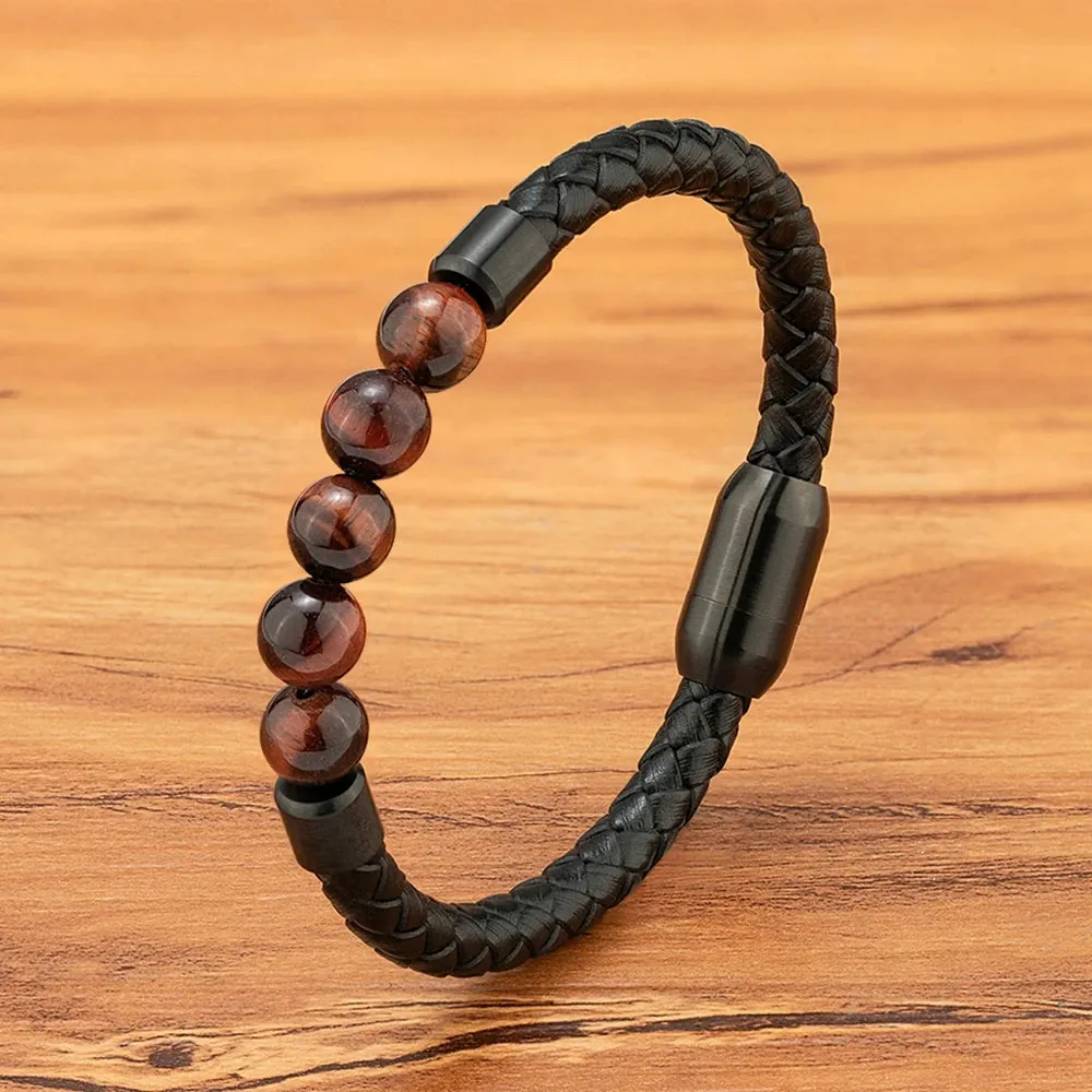 XQNI High Quality Leather Bracelet Men Classic Fashion Tiger Eye Beaded Bracelet Magnet Clasp Design For Men Jewelry Gift