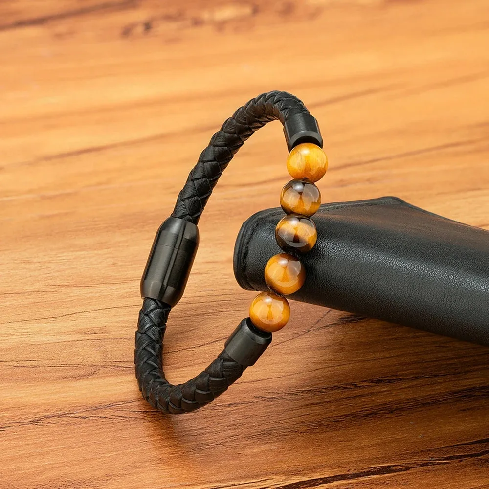 XQNI High Quality Leather Bracelet Men Classic Fashion Tiger Eye Beaded Bracelet Magnet Clasp Design For Men Jewelry Gift