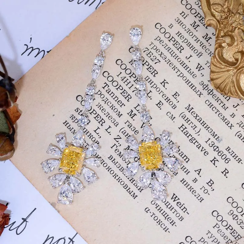 Yellow Zircon 7*9mm Rectangle Ice Cut with Chain Annular Petals Silver Drop Earrings for Women