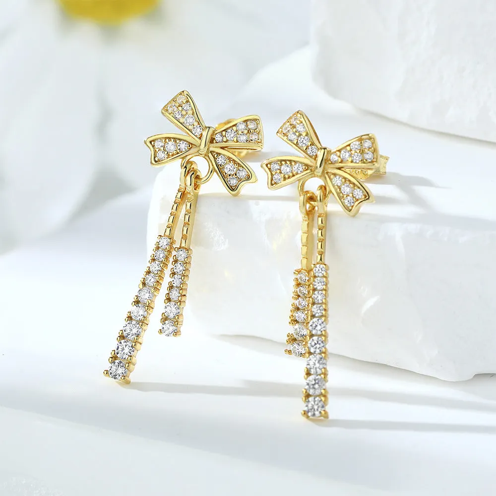 Zircon Bow Tassel Silver Drop Earrings for Women