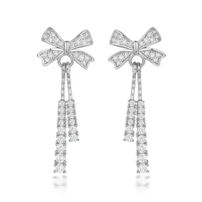Zircon Bow Tassel Silver Drop Earrings for Women