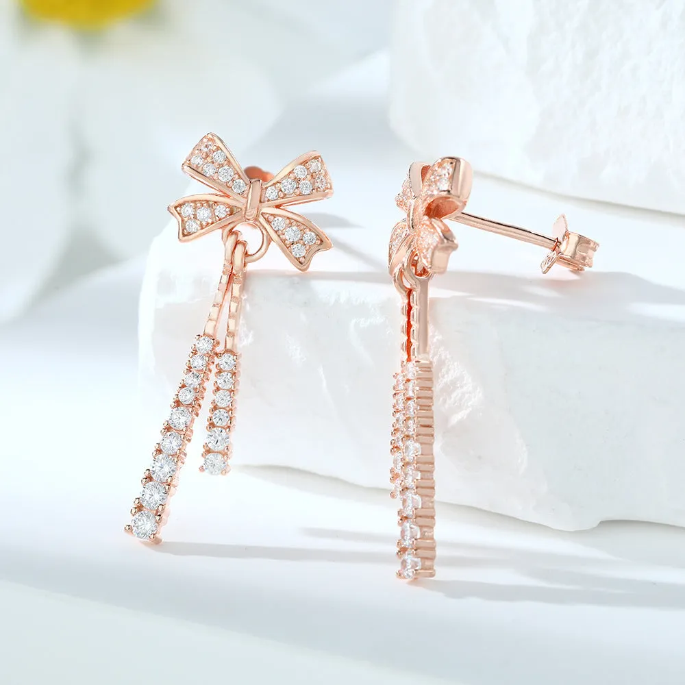 Zircon Bow Tassel Silver Drop Earrings for Women