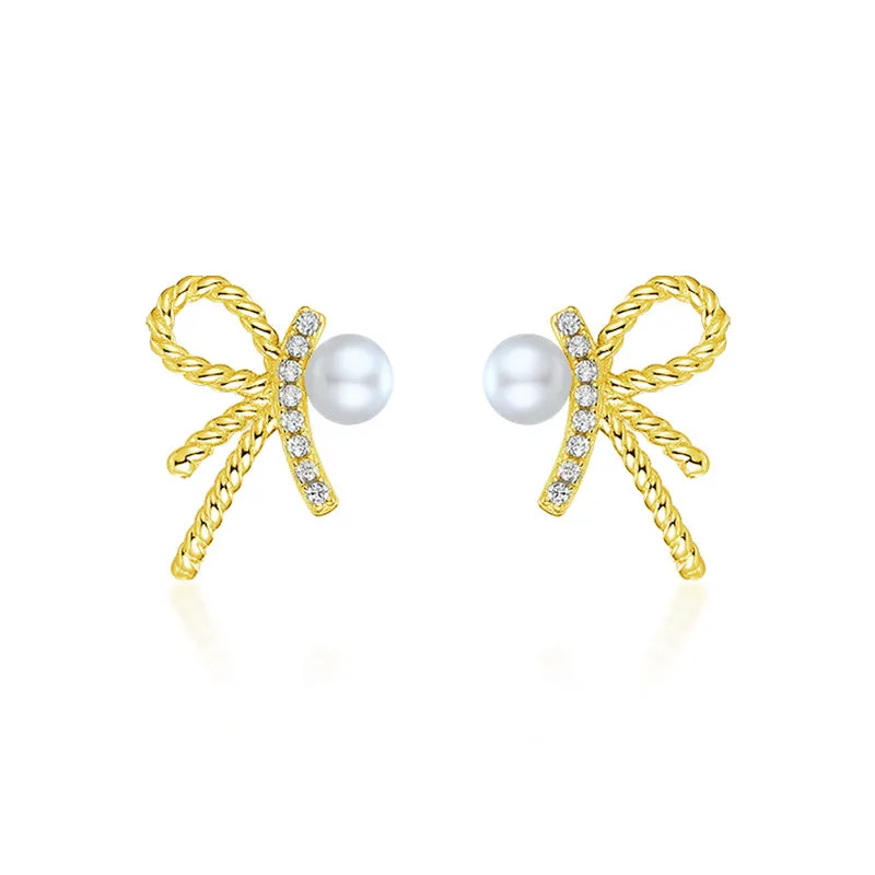 Zircon Bow with Pearl Silver Studs Earrings for Women