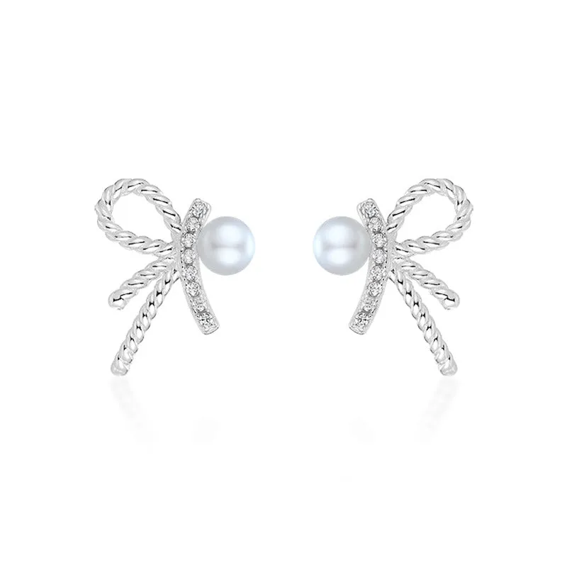 Zircon Bow with Pearl Silver Studs Earrings for Women