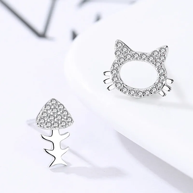 Zircon Cat and Fishbone Asymmetric Silver Studs Earrings for Women