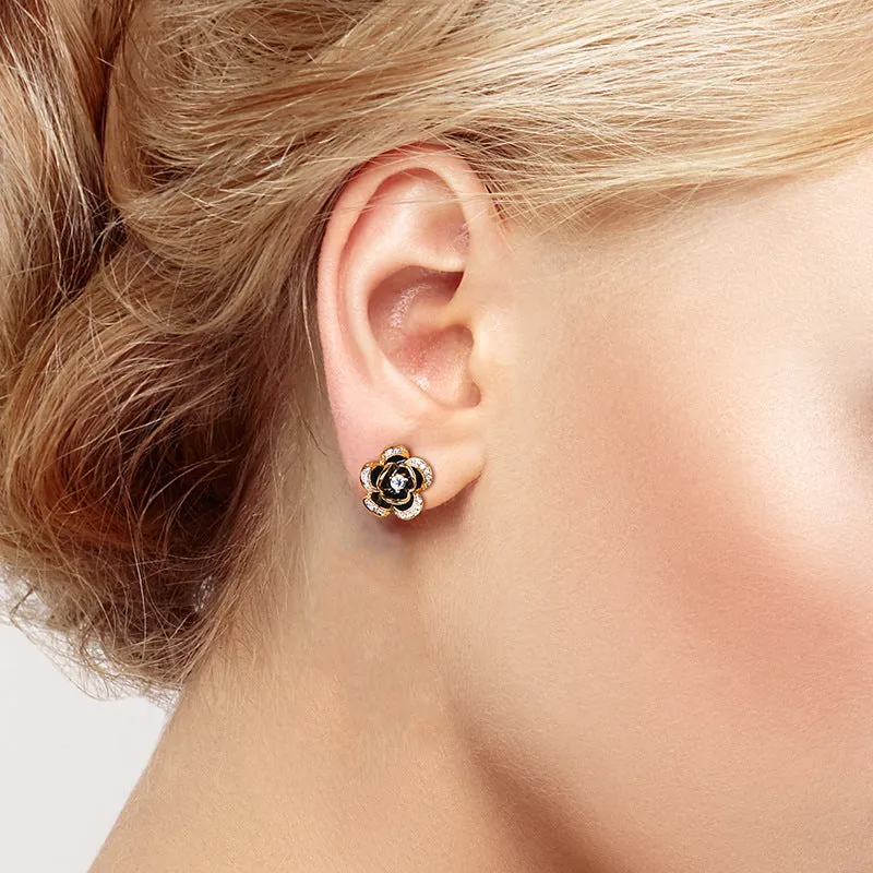 Zircon Petal Black Camellia Silver Studs Earrings for Women