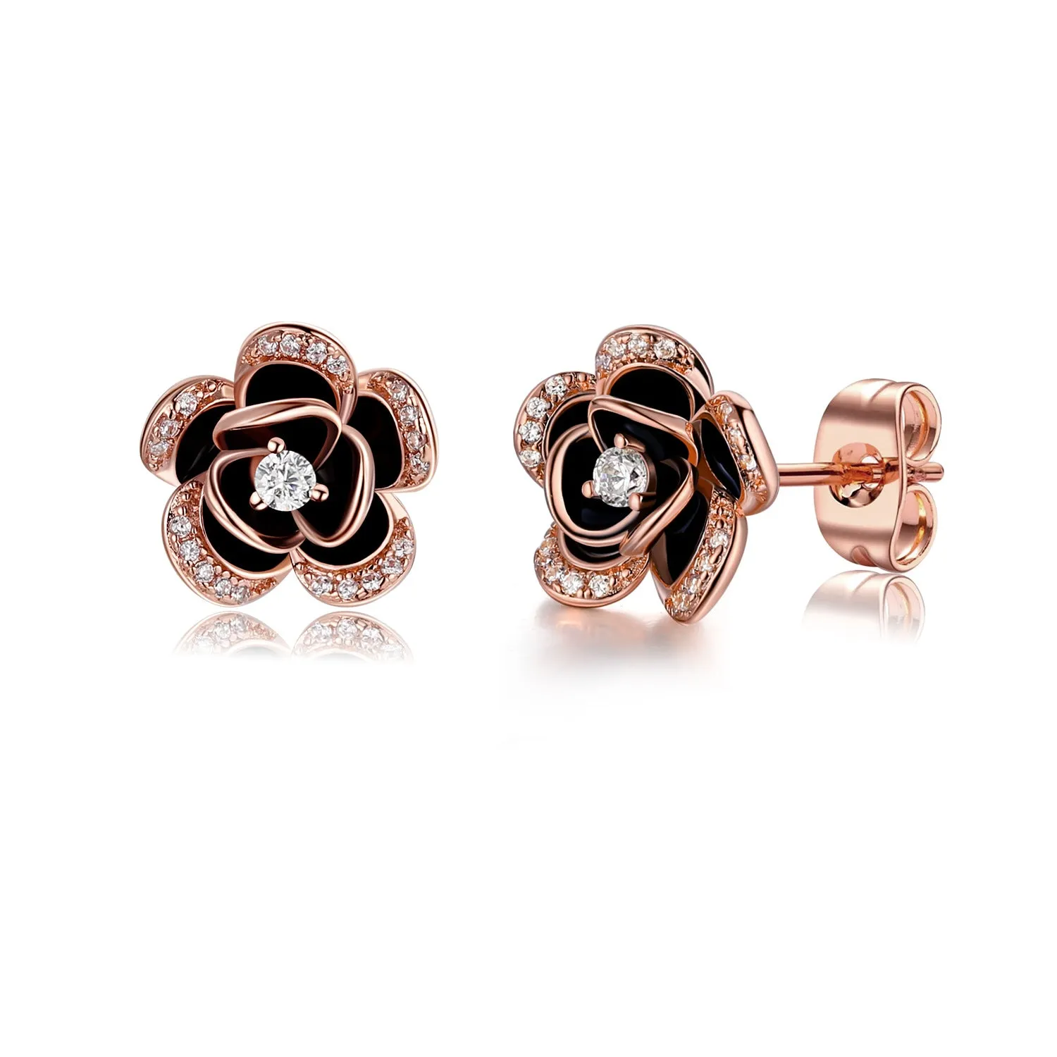 Zircon Petal Black Camellia Silver Studs Earrings for Women