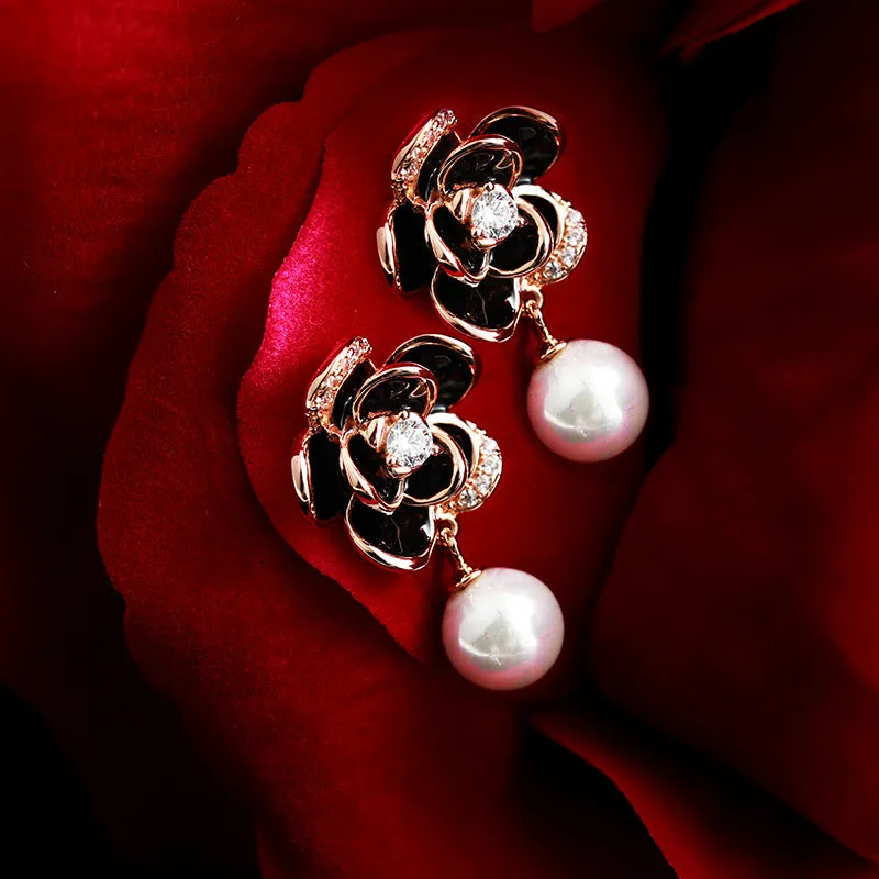 Zircon Petal Black Camellia with Pearl Silver Drop Earrings for Women