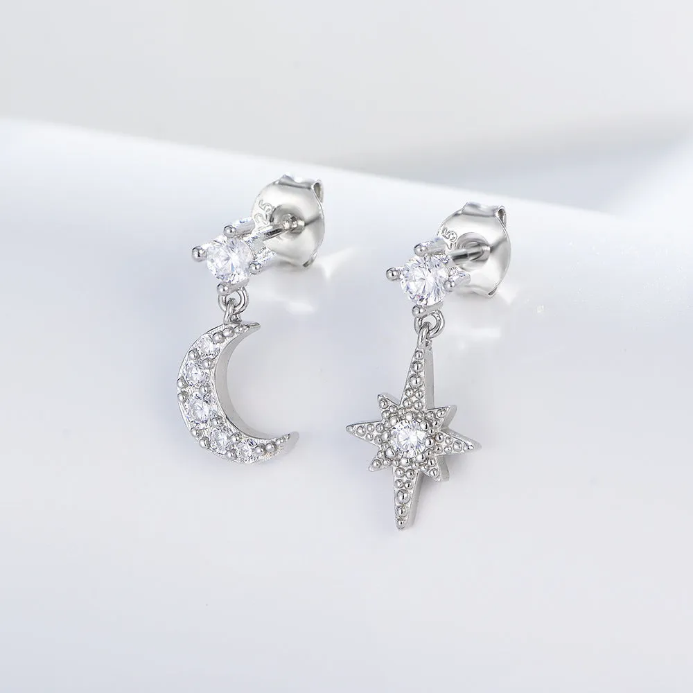Zircon Star Moon Asymmetric Silver Drop Earrings for Women