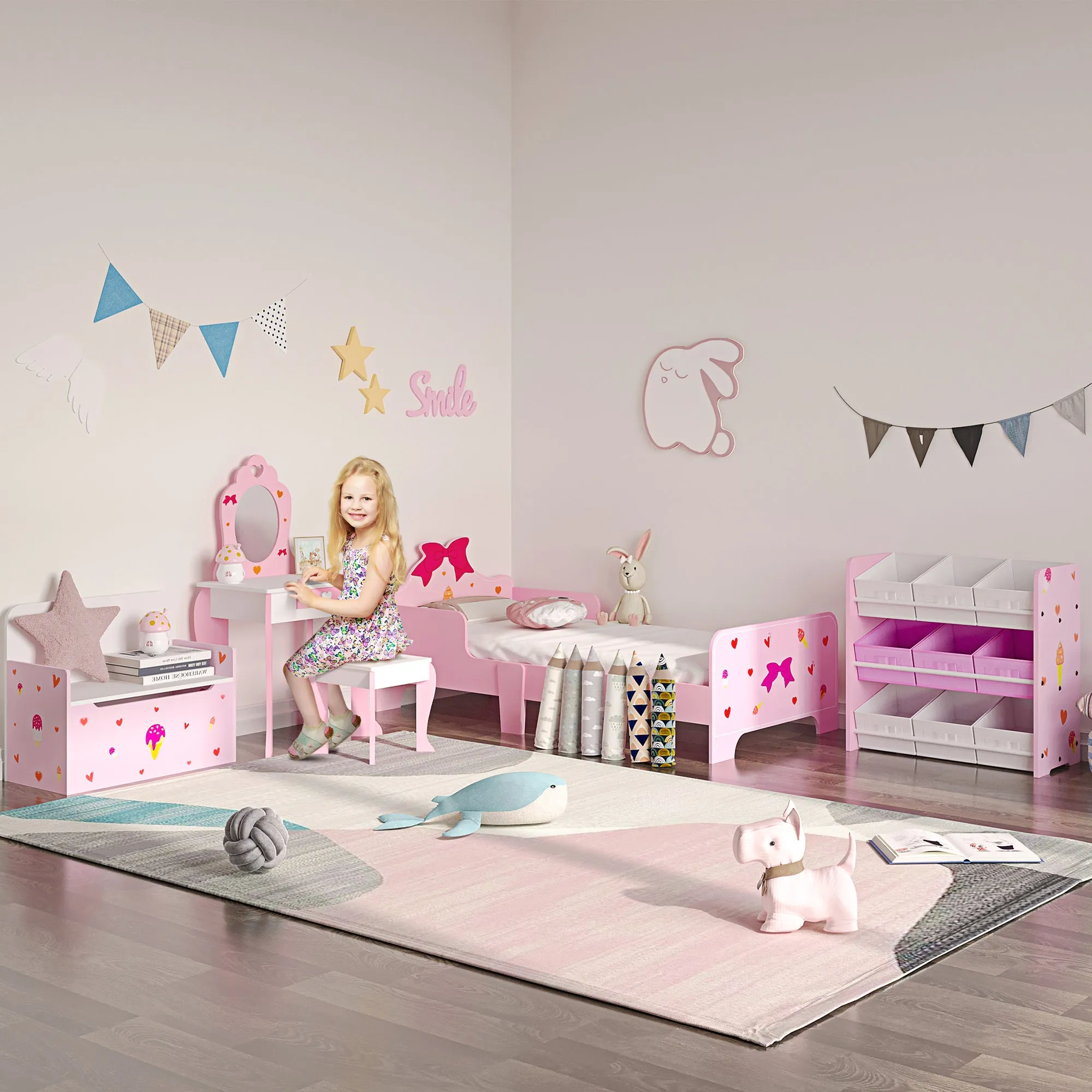 ZONEKIZ Kids Vanity Set w/ Mirror, Drawer, Cute Patterns, for Girls - Pink